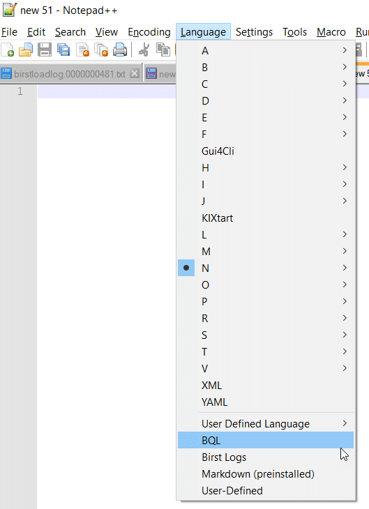 Choose either BQL or Birst Logs from the Language menu