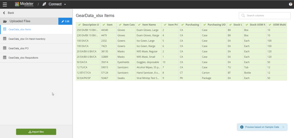 Birst Modeler Connect showing four sources imported from a single spreadsheet named GearData.xlsx